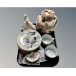 A tray containing assorted ceramics to include Royal Crown Derby Derby Posies dish,