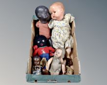 A box containing vintage jointed dolls, soft doll etc.