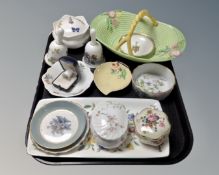 A tray containing Spode and Aynsley porcelain including dishes, hand bells, boxed china thimble,