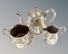 A three piece silver plated tea set.
