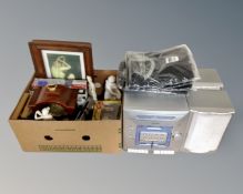 A Bush hifi system together with a box containing classical figurines, mantel clock,