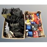 Two boxes of a collection of Scalextric cars, track,