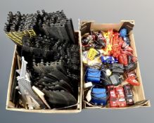 Two boxes of a collection of Scalextric cars, track,