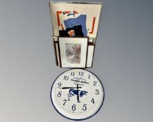 A French metal Produits Laitiers battery operated wall clock,