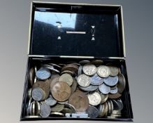 A cash tin containing a quantity of mainly British pre-decimal coins.