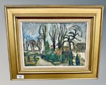 Continental school : Trees by a roadside, oil on panel, in gilt frame, 33cm by 23cm.