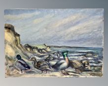 Continental school : Ducks on a shore, oil on canvas, 94cm by 65cm.