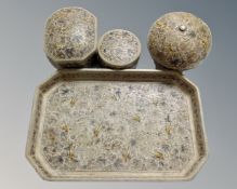 An Indian painted tray and three similar lidded boxes.