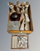A box containing desk bell, wooden box of china thimbles, wooden ornaments etc.