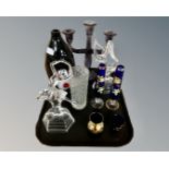 A tray of assorted glassware to include two glass figures of dancers, contemporary glass vase,