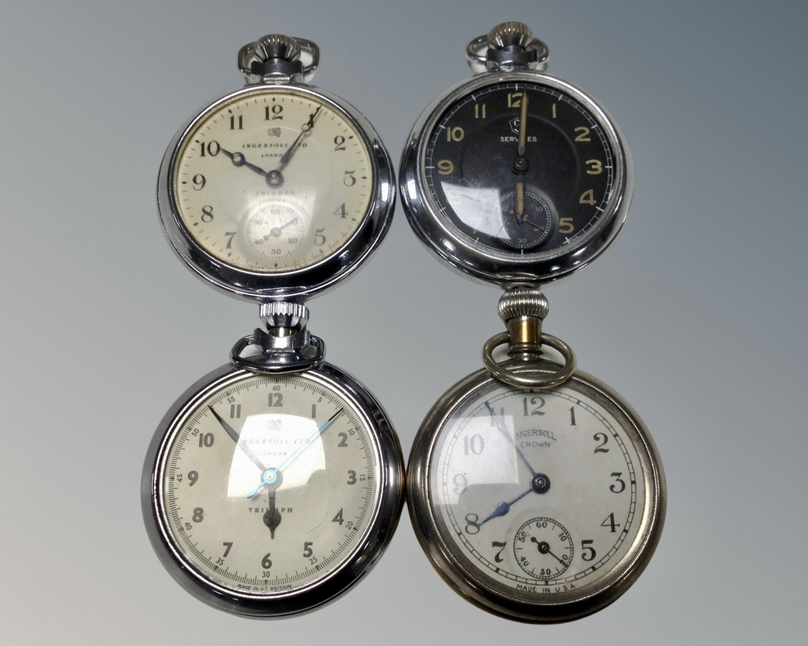 Four chrome plated pocket watches including Ingersoll and Services.