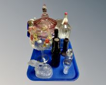 A tray of antique and later glass ware including Art Nouveau iridescent glass vase,