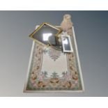 A floral embossed rug on cream ground together with a ceramic table lamp with shade and three