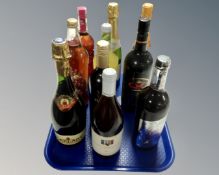 A tray containing 10 assorted bottles of alcohol including French Rosé, mulled wine, Bacardi etc.
