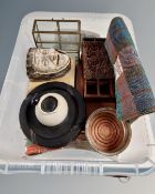 A box containing Harris tweed bag, pottery mask, small jewellery box, plated bottle coaster etc.