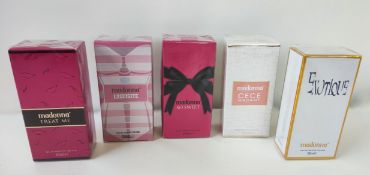 A collection of five sealed Madonna 50ml eau de toilette fragrances, CECE Madame, Treat me,