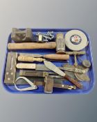 A tray of vintage hand tools including Thor Hammer company hammer, miniature vice, chisel,
