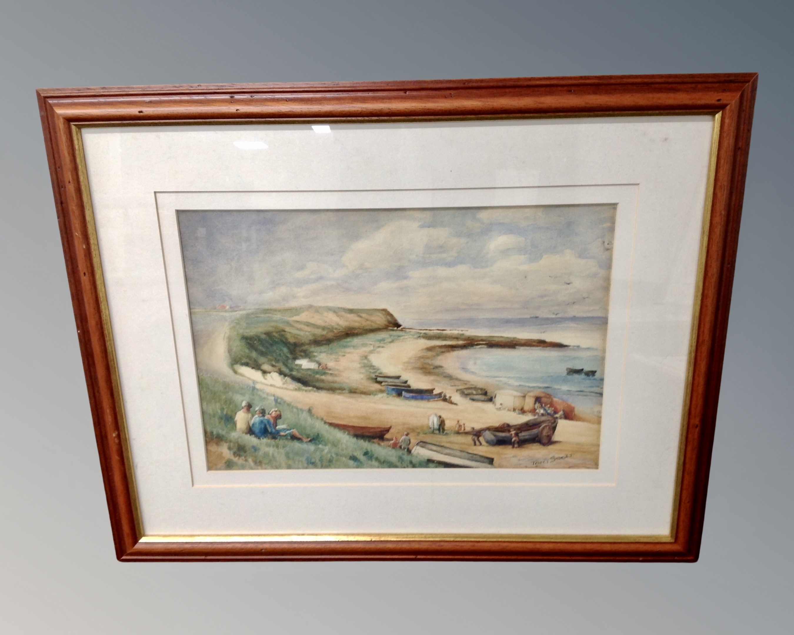 Tom Scott (20th century) : Figures on a beach, watercolour, 38cm by 26cm.