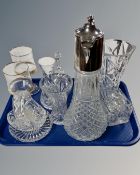 A tray containing crystal decanter with silver plated top, further glassware including vases,