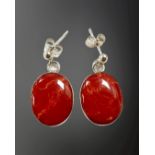 A pair of silver and red agate earrings with post fittings, stones 17mm by 13.5mm.