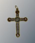 An 18ct yellow gold micromosaic alpha omega crucifix pendant, length 39 mm.