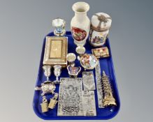 A tray of Oriental export wares including silver coloured ingots, trinket pot,