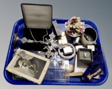 A tray of costume necklace and earring set in box, watches, religious crucifix ornament,