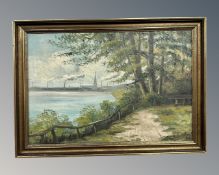 Continental school : Parkland by a coast, oil on canvas, 46cm by 31cm.