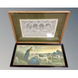 A framed Irish linen embroidery depicting the last supper, together with a further religious print.