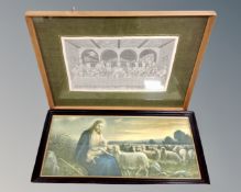 A framed Irish linen embroidery depicting the last supper, together with a further religious print.