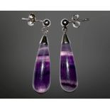 A pair of silver and purple agate droplet earrings, length 34mm.