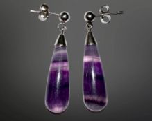 A pair of silver and purple agate droplet earrings, length 34mm.