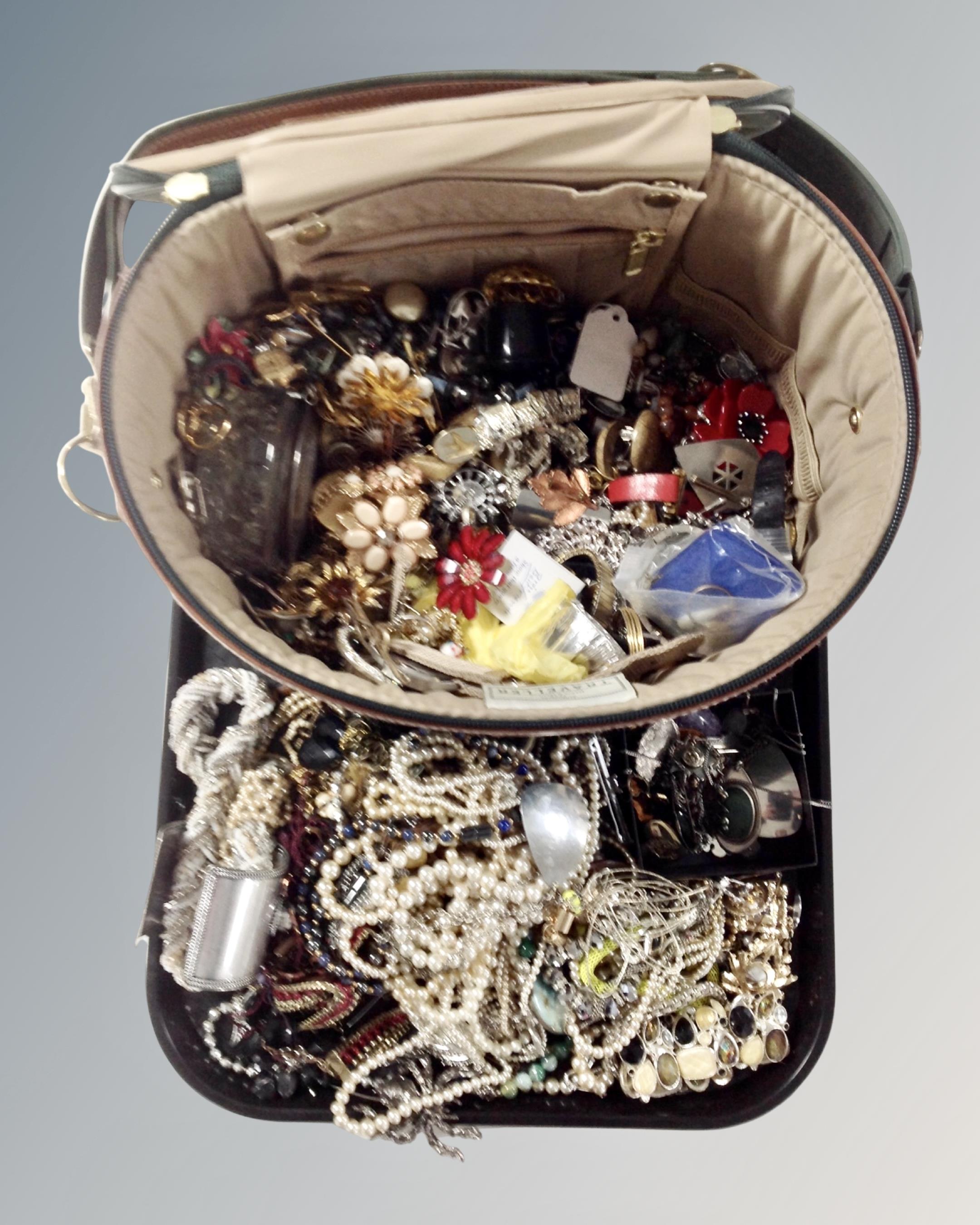 A tray containing a jewellery case containing a quantity of costume jewellery including bead