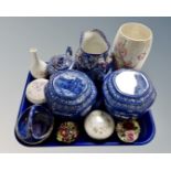 A tray containing Ringtons blue and white caddies, chintz jug and teapot, Maling lustre china,