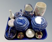 A tray containing Ringtons blue and white caddies, chintz jug and teapot, Maling lustre china,
