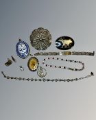 A collection of silver and other jewellery including niello examples.