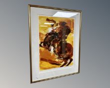 A continental limited edition colour print depicting a figure on horseback, indistinctly signed,