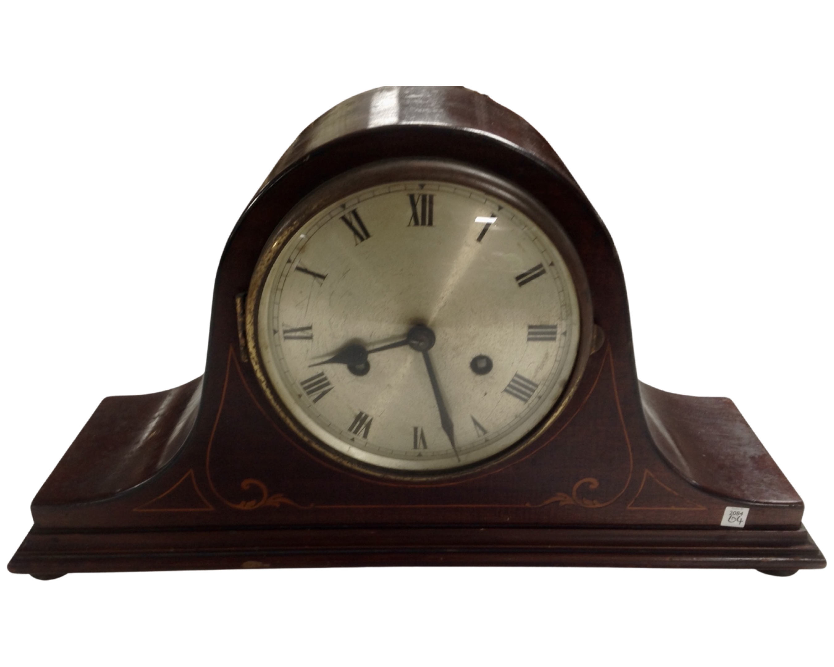 An Edwardian inlaid mahogany mantel clock with silvered dial.