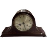 An Edwardian inlaid mahogany mantel clock with silvered dial.