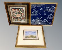 An Oriental framed silkwork embroidery together with two further pictures.