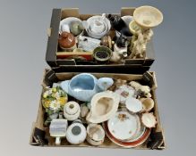 Two boxes containing various ceramics, beer steins, tea china, ornaments.