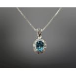 A silver blue zircon cluster pendant on chain, cluster measures 14mm by 12mm, chain length 44.5cm.