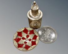 An Eastern style pierced metal lantern and two Eastern bowls.