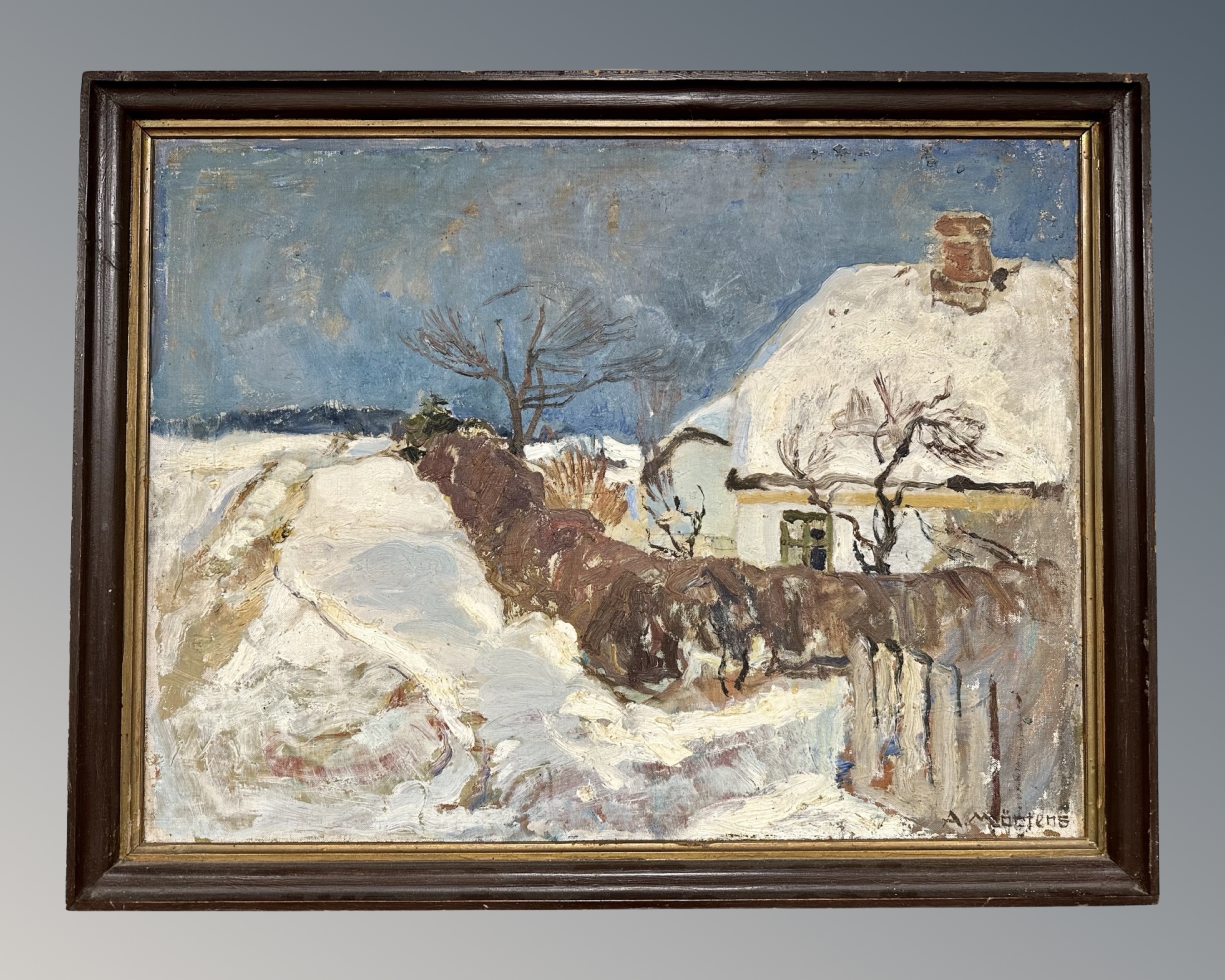 A. Mörtens : Cottage in a snow covered landscape, oil on board, 69cm by 51cm.