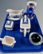 A tray containing Wade blue and white tea set,