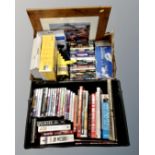 Two boxes containing DVDs, a framed picture of the Tyne, set top box, Kodak Easyshare in box,