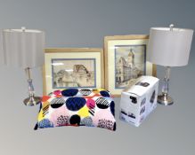 A box of contemporary table lamps, Tracer projector and two framed prints after W. Taggart.