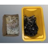 A plastic tub and a box containing costume pearls, black bead costume jewellery etc.