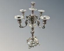 A mid-19th century Belgian silver plated five-sconce candelabrum, base signed Henniger,