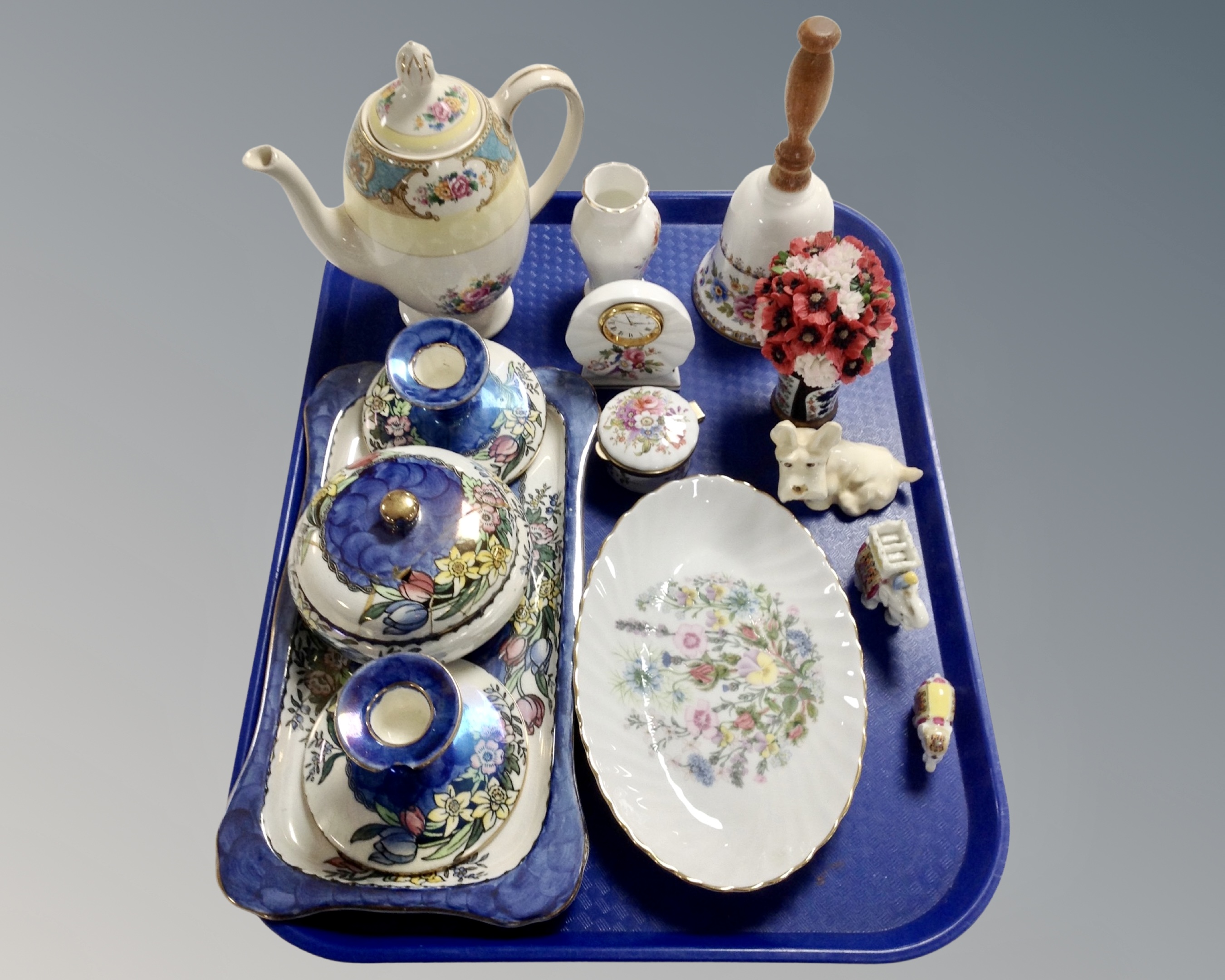 A tray containing Maling lustre dressing table china (AF), Royal Grafton Malvern china hand bell,